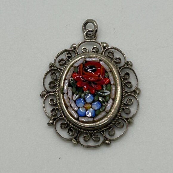 Vintage Italian Micro Mosaic Oval Pendant With Filigree Detailing Floral Design - Picture 12 of 14